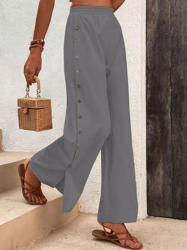 Cotton Casual Plain Button Detail Elastic Waist Wide Leg Pant