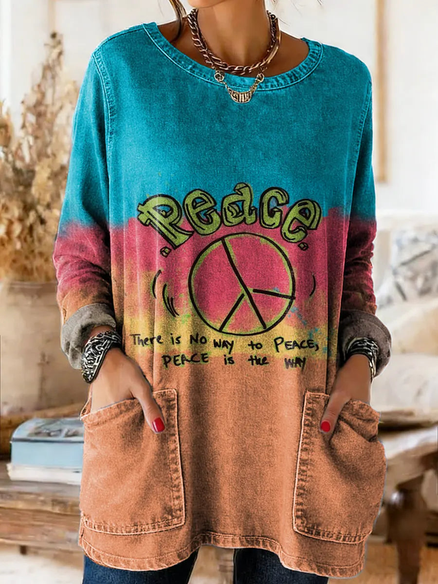 Women's Vintage Hippie Art Print Casual Long-sleeved Crew Neck Washed Denim Cotton T-shirt