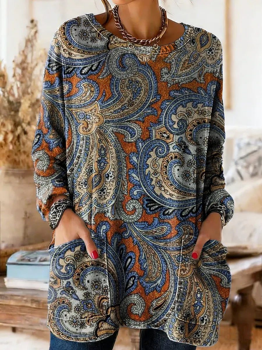 Women's Vintage Ethnic Floral Art Print Casual Long-sleeve Crew Neck Pocket Cotton Denim T-shirt