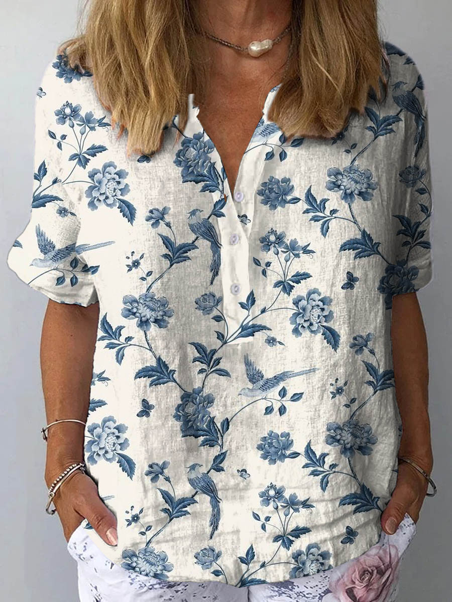 Women's Vintage Lovely Floral Art Print Casual Cotton And Linen Shirt