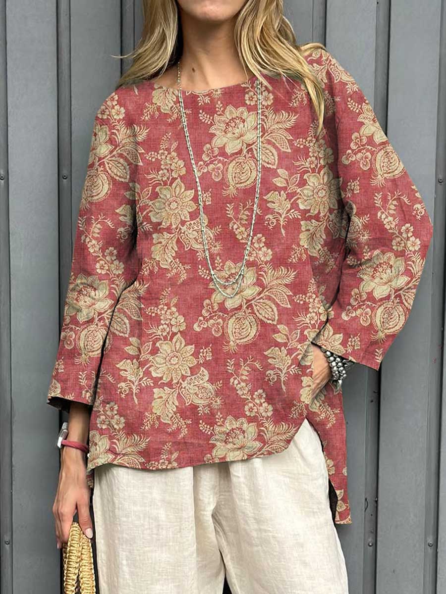 Women's Vintage Floral Art Print Casual Cotton Linen Shirt