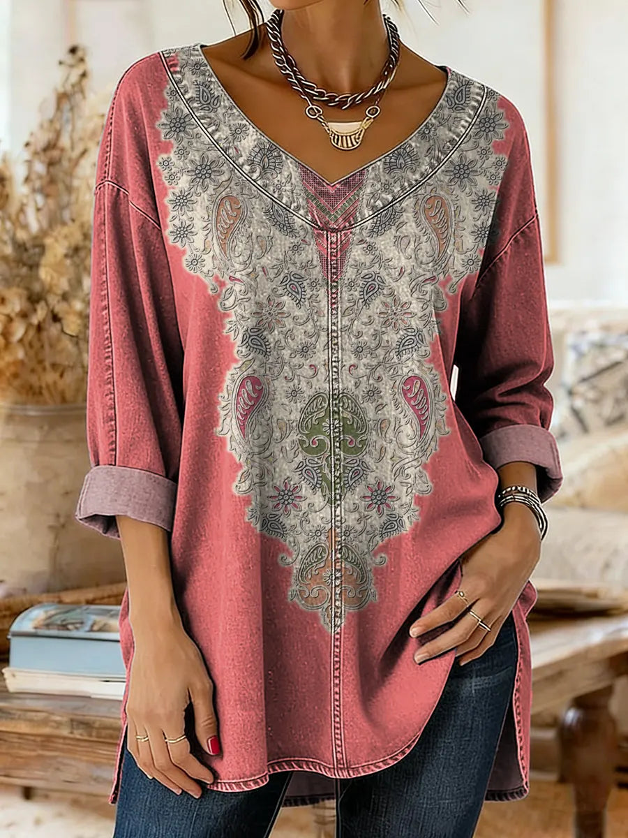 Women's Vintage Floral Print Artistic Washed Denim Cotton Shirt