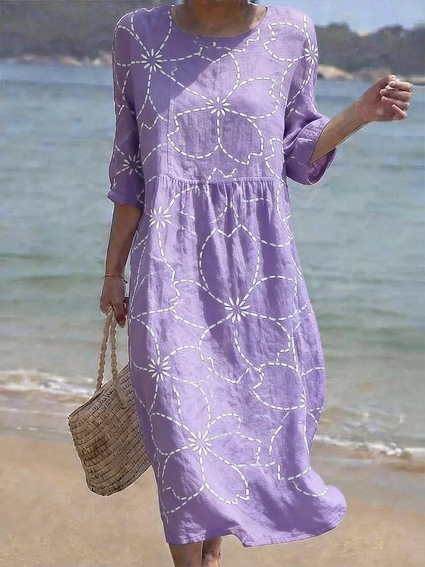 Women's Casual Round Neck Mid Sleeve Print Cotton and Linen Dress