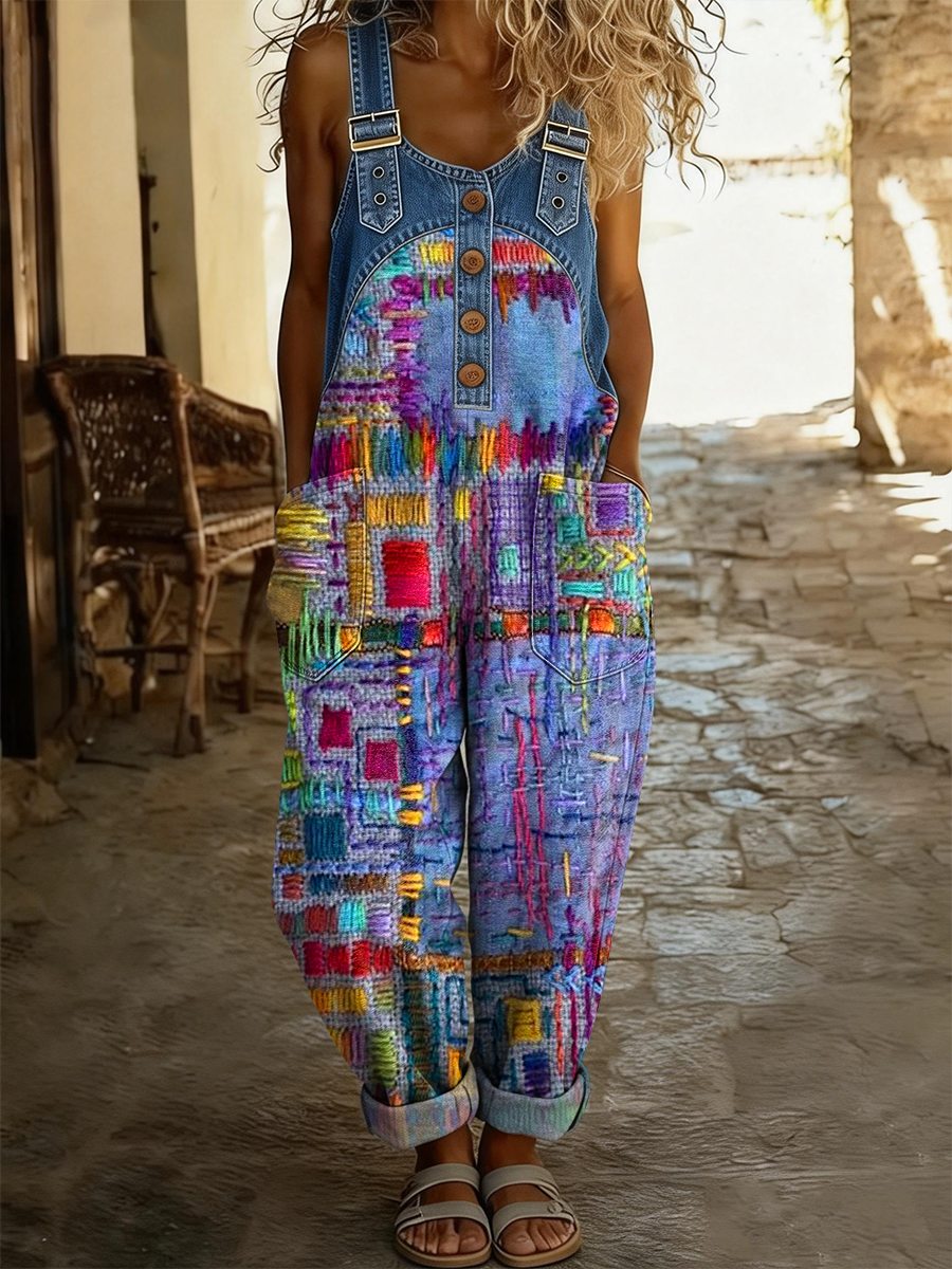 Women's Retro Colorful Art Print Casual Denim Patchwork Jumpsuit