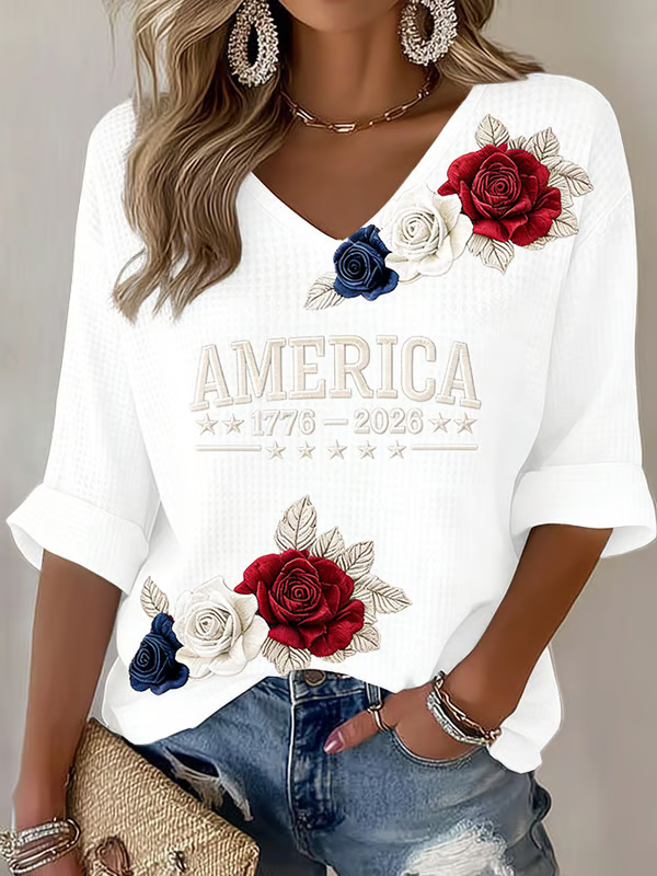 Ladies' American Flag Printed Casual Long Sleeve V-neck T-shirt