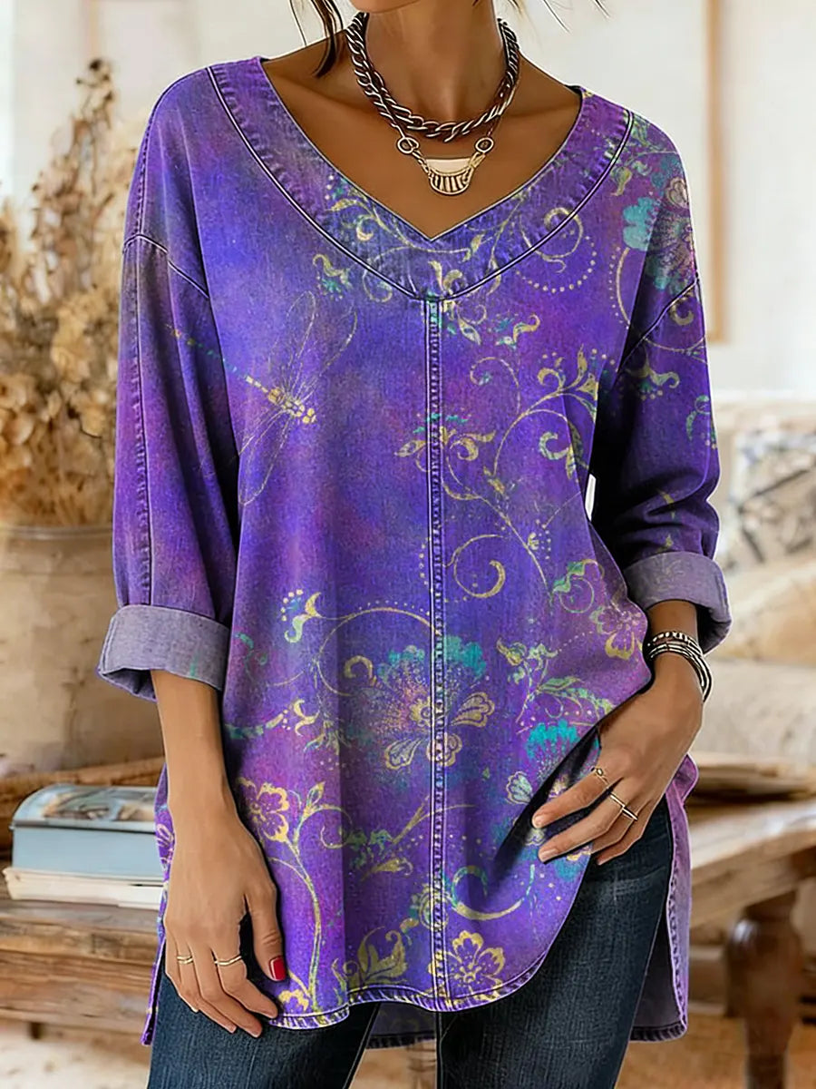 Ethnicity Dragonfly Flowers Women's Art Print Casual Washed Denim Cotton Top