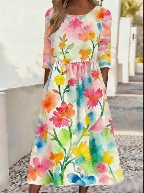 Women's Casual Round Neck Half Sleeve Contrast Print Dress