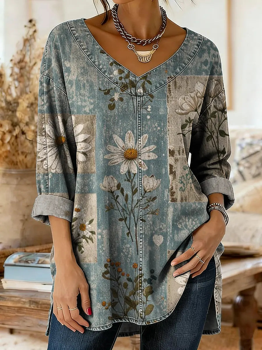 Women's Vintage Floral Print Artistic Washed Denim Cotton Shirt