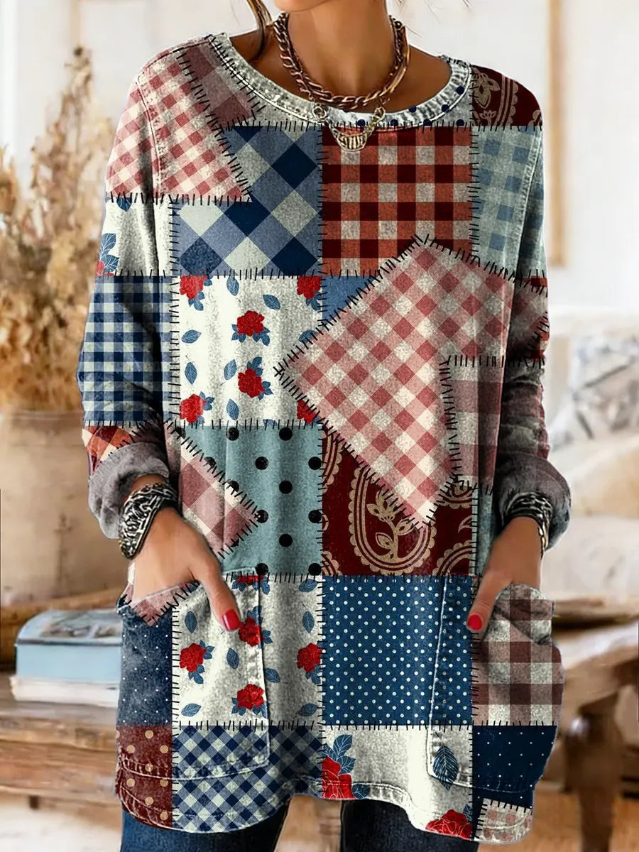 Women's Vintage Floral Patchwork Art Print Casual Long-sleeved Crew Neck Washed Denim Cotton T-shirt
