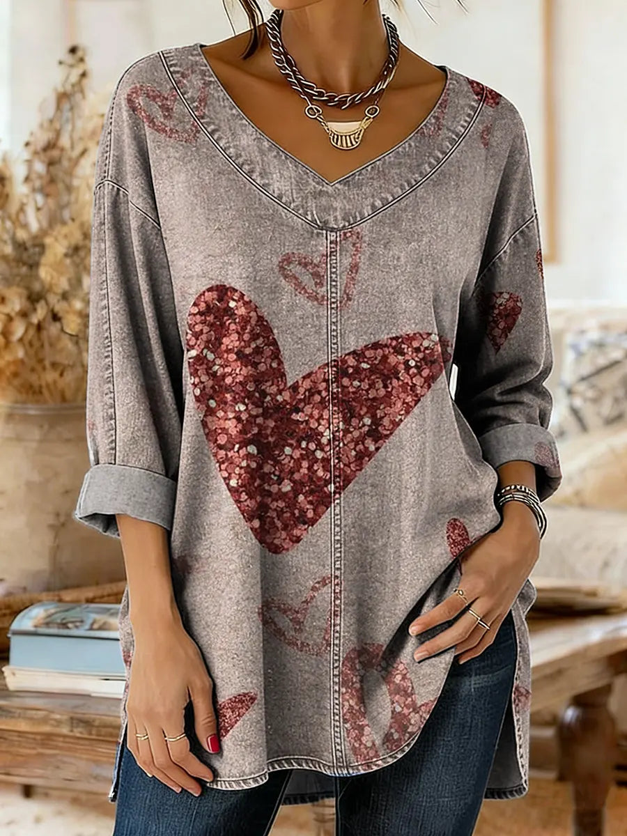 Ethnicity Love Women's Art Print Casual Washed Denim Cotton Top