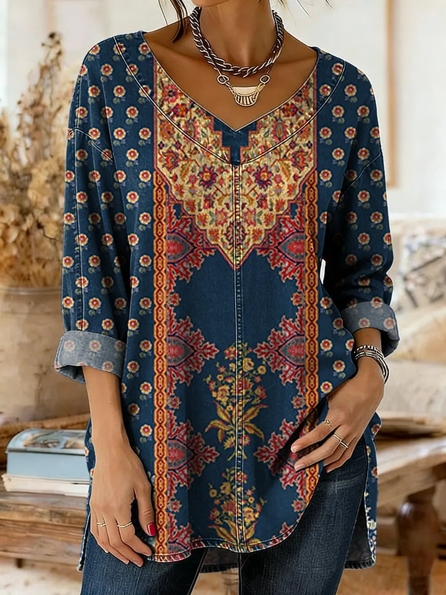 Women's Denim-colored Patchwork Pattern Art Print Casual Washed Denim Cotton Shirt
