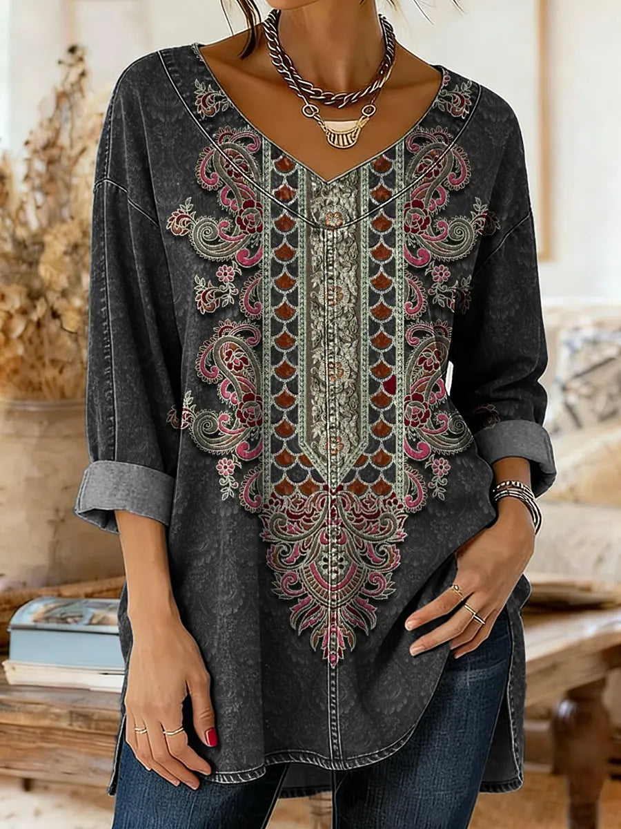 Women's Vintage Floral Print Artistic Washed Denim Cotton Shirt
