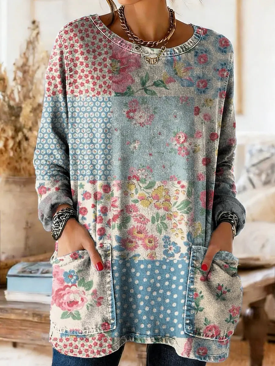 Women's Vintage Floral Patchwork Art Print Casual Long-sleeved Crew Neck Washed Denim Cotton T-shirt