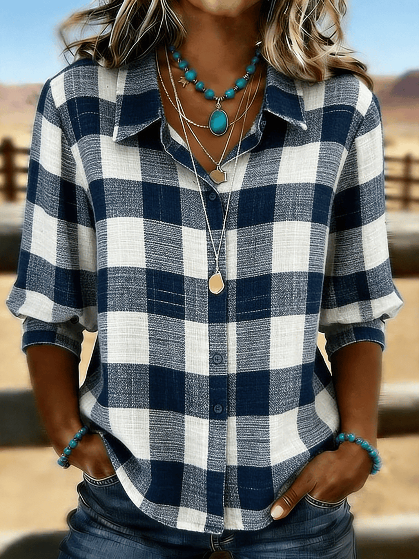 Women's Casual Cotton-Linen Plaid Blouse with Denim Effect