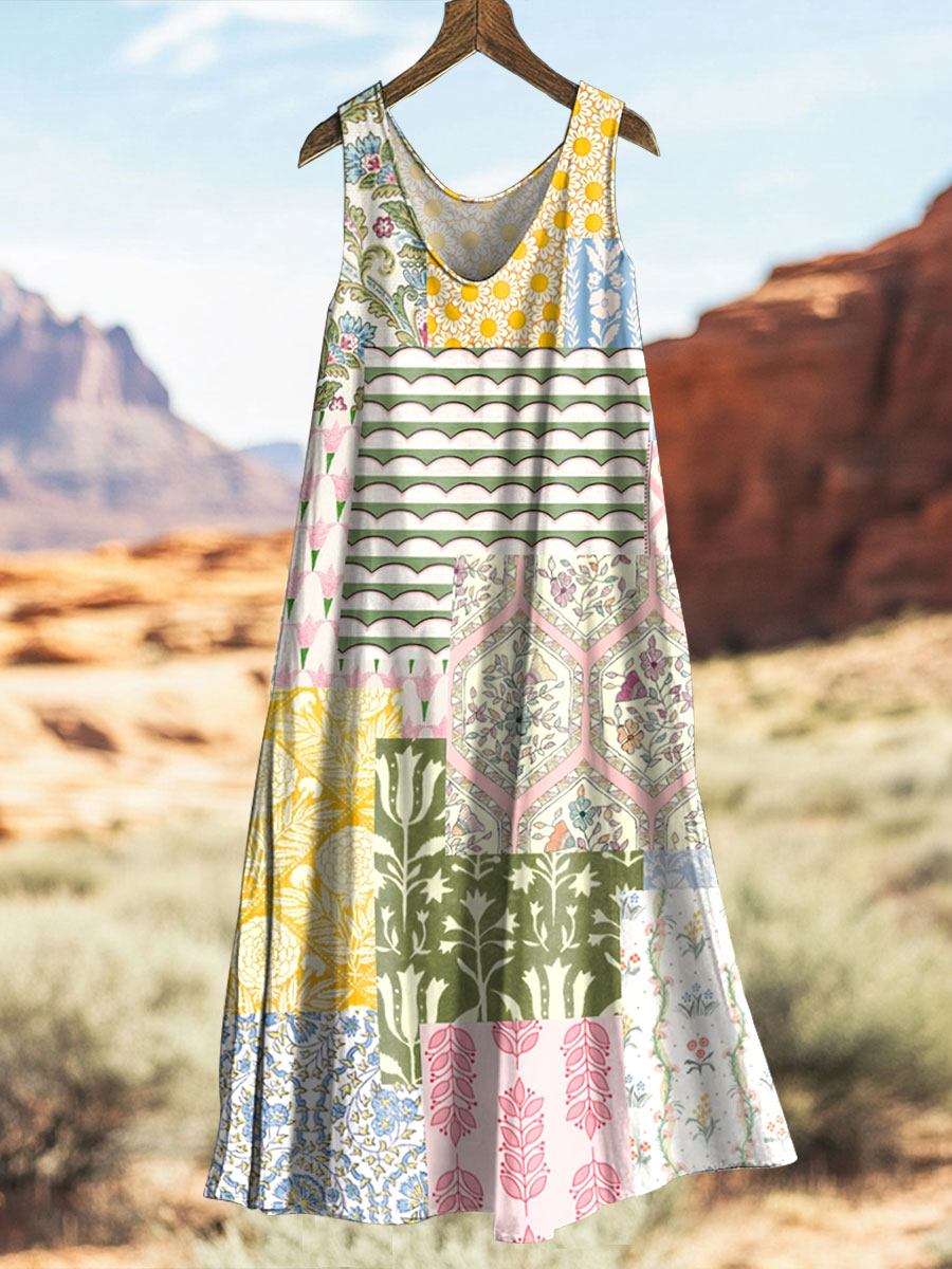 Women's botanical floral print V-neck sleeveless dress