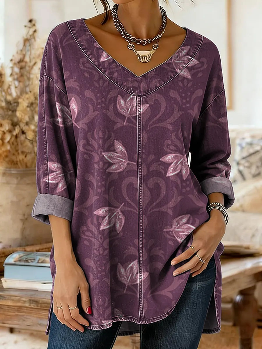 Women's Vintage Floral Print Artistic Washed Denim Cotton Shirt