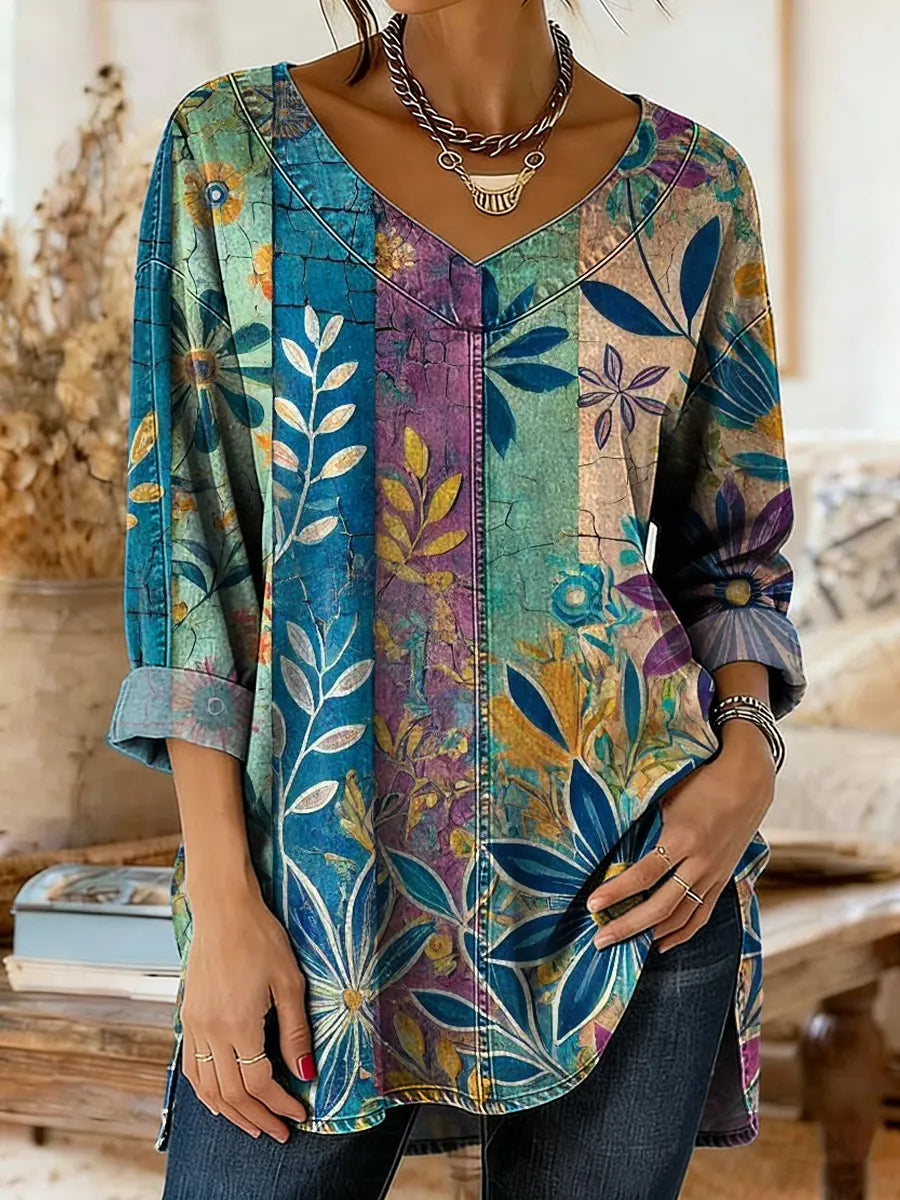 Women's Colorful Floral Art Print Casual Washed Denim Cotton Top