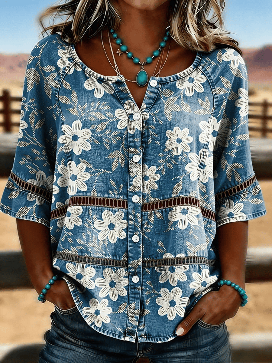 Women's Casual Western Floral Print Cotton Linen Hollow-Out Top