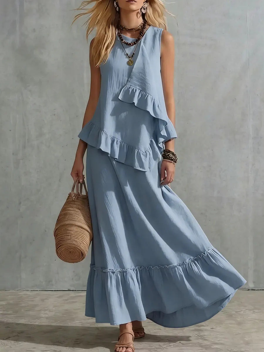 Women'S Sleeveless Round Neck Solid Color Cotton And Linen Dress