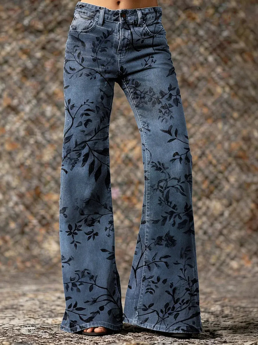 Women's Vintage Floral Art Print Casual Cotton Denim Jeans