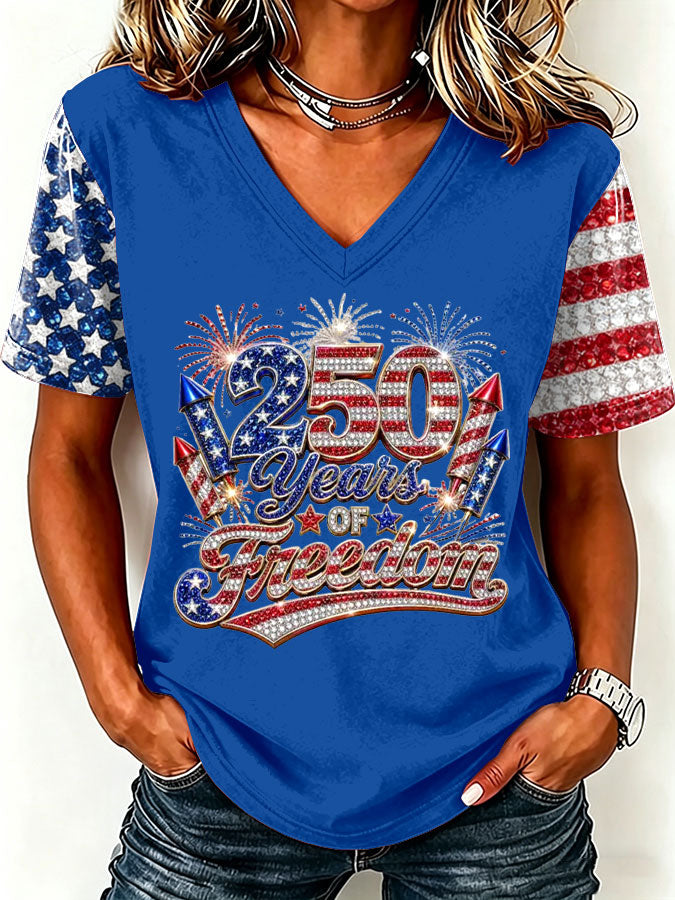 Women'S America Flag Print Casual V-Neck T-Shirt