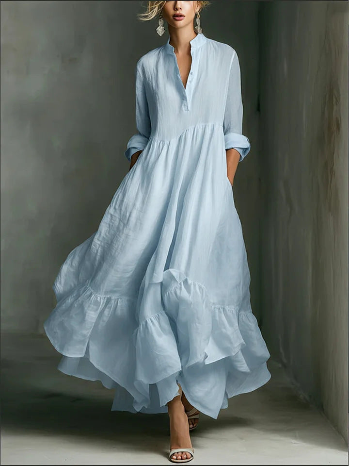 Women's White Long-sleeved Ruffled Maxi Dress