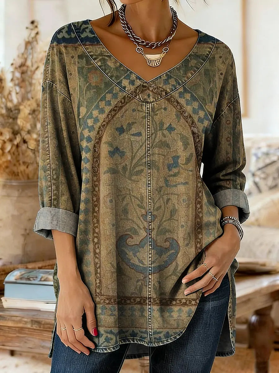Women's Vintage Floral Print Artistic Washed Denim Cotton Shirt