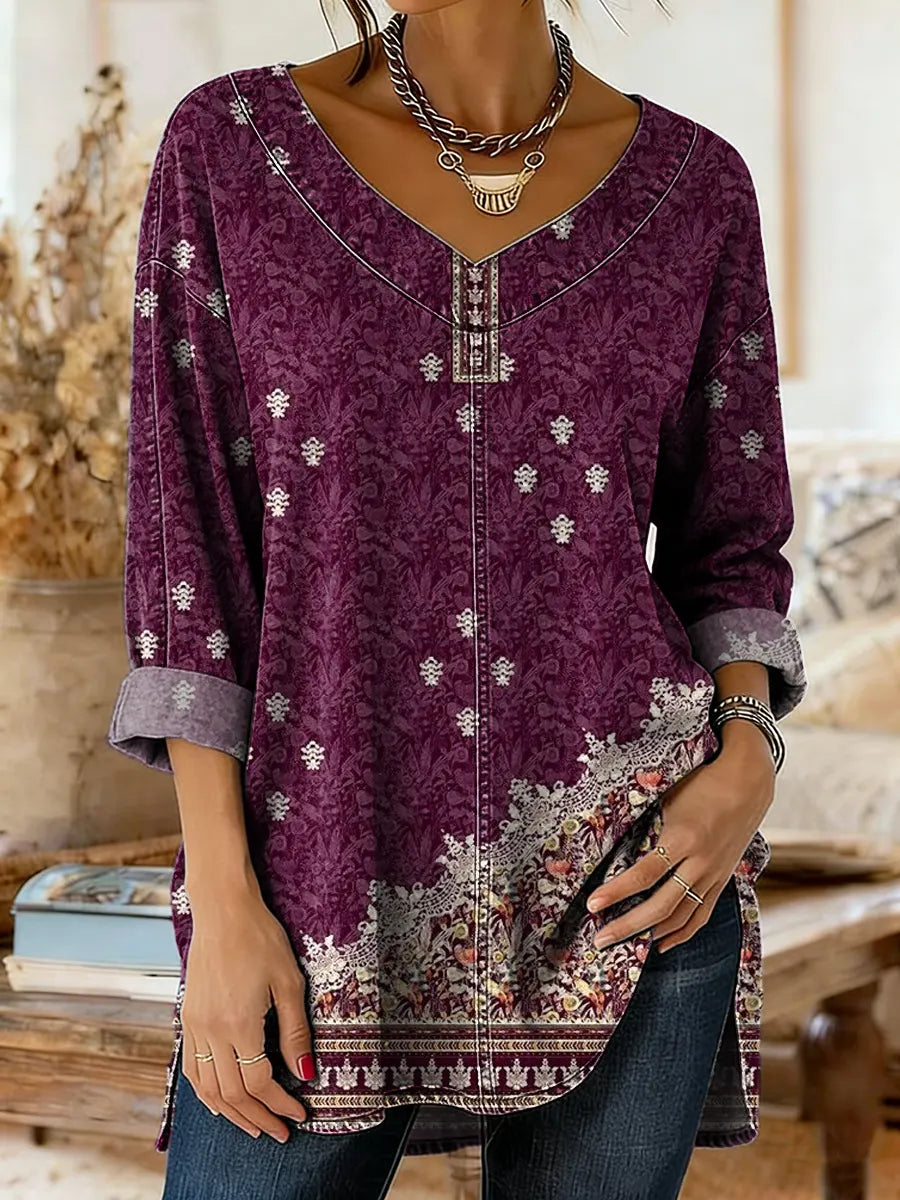 Women's Denim-colored Patchwork Pattern Art Print Casual Washed Denim Cotton Shirt