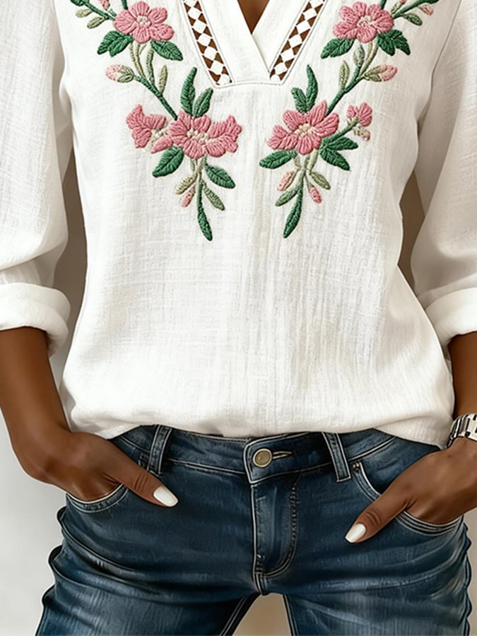 Women's Casual Collared Hollow-Out Printed Cotton Linen Top