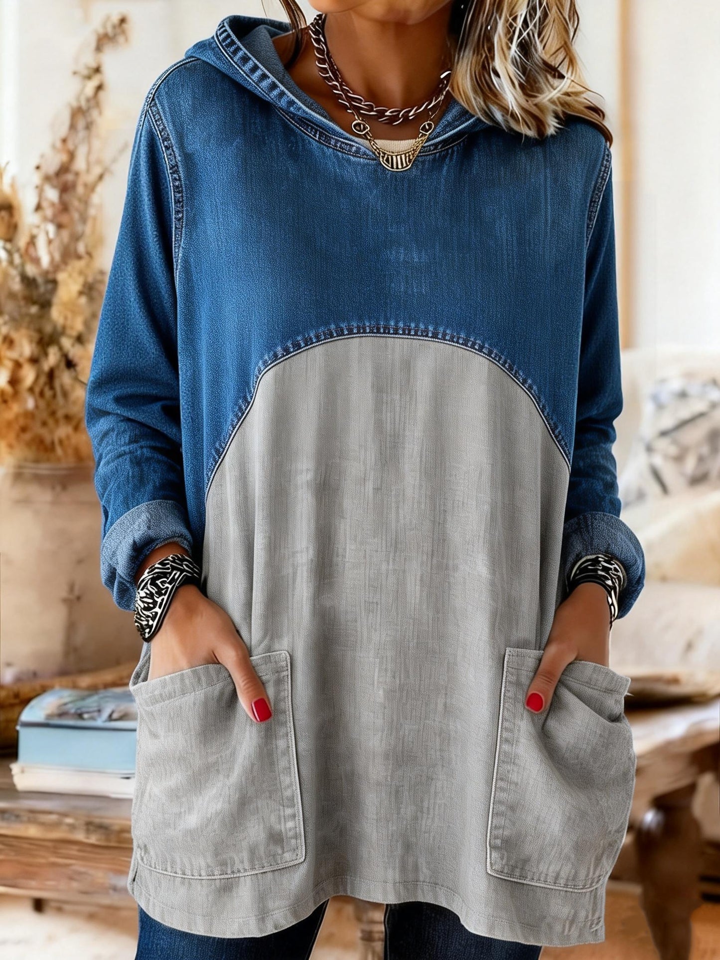 Women's Casual Long-sleeved Hooded Pocket Denim Patchwork Shirt