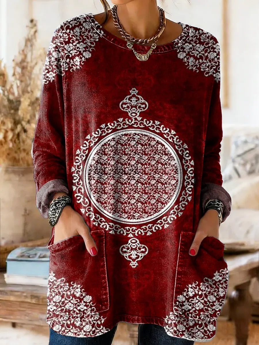 Women's Vintage Ethnic Red Totem Art Print Casual Round Neck Pocket Denim Shirt