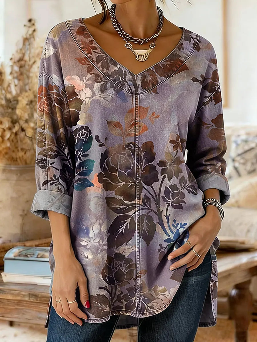 Ethnicity Retro Flowers Women's Art Print Casual Washed Denim Cotton Top