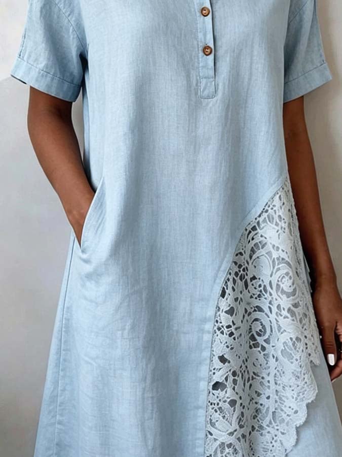 Women'S Casual Solid-Color Dress With Lace Splicing