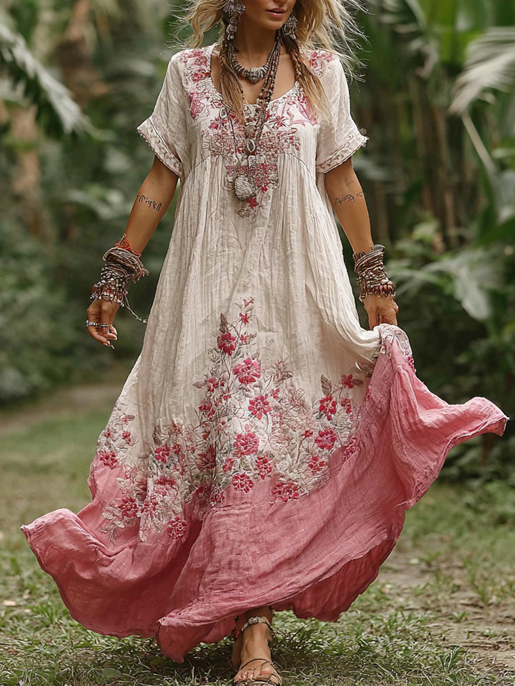 Women's Vintage Bohemian Floral Pattern Round Neck Long Dress