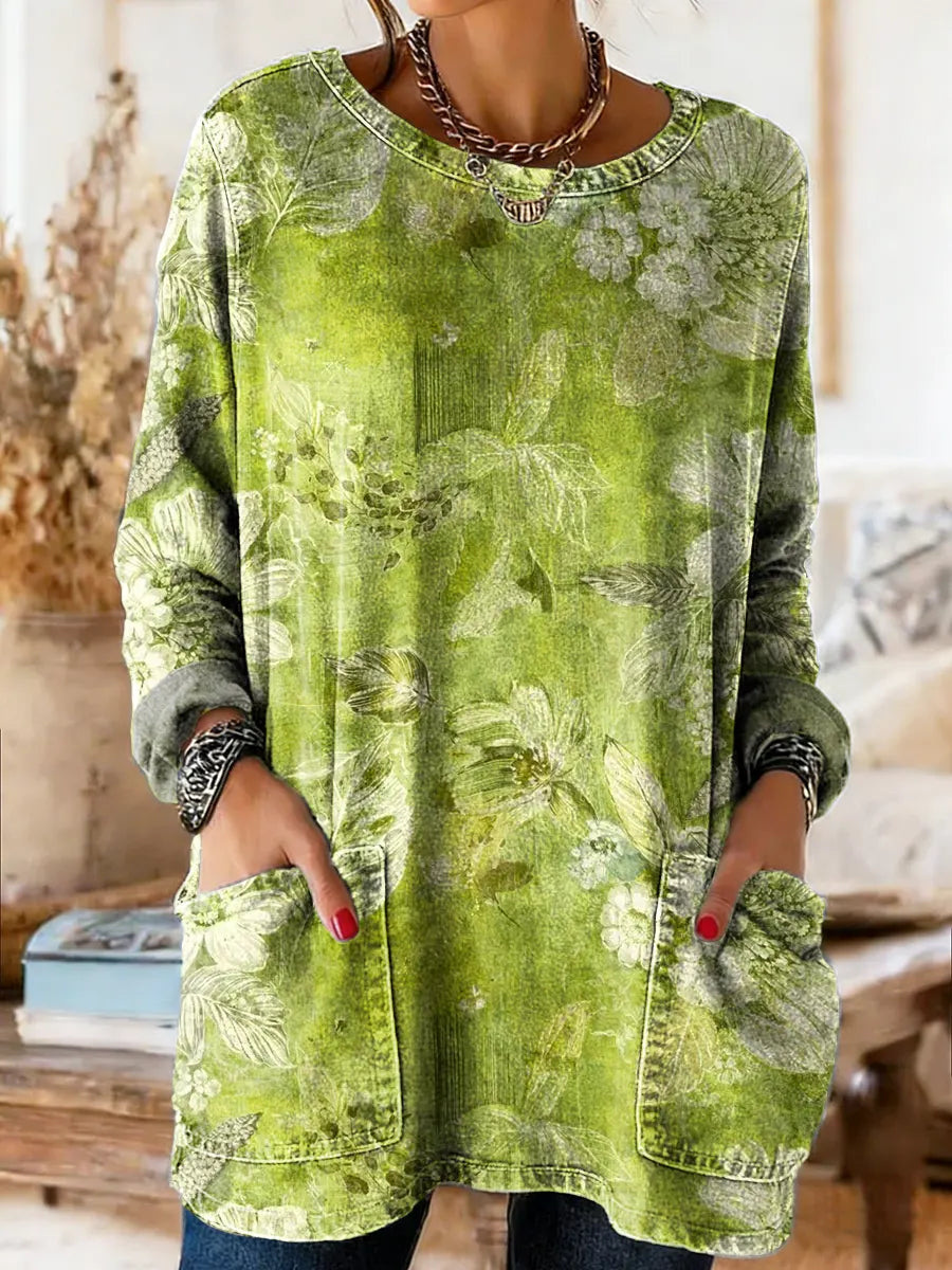 Womens Vintage Ethnic Green Floral Art Print Casual Round Neck Pocket Denim Shirt