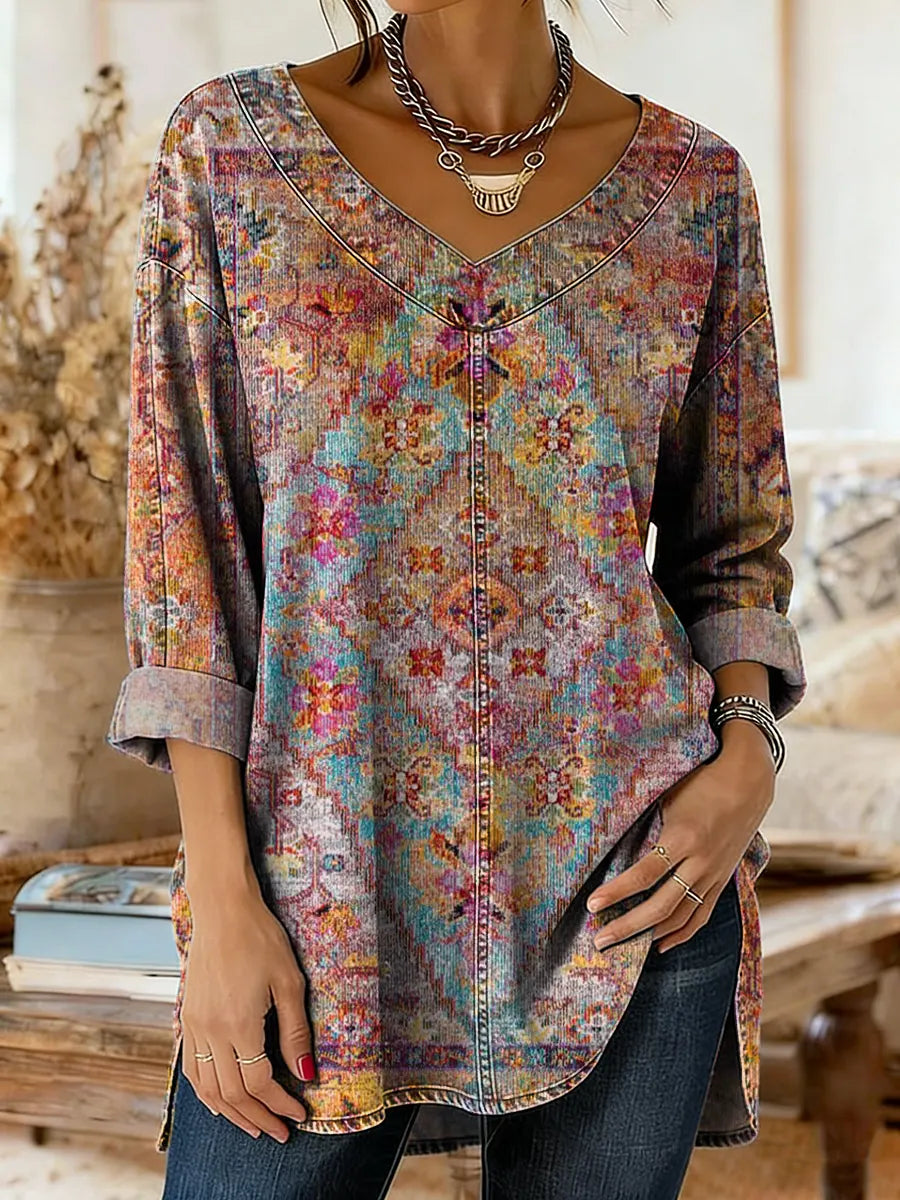 Women's Bohemian Ethnic Totem Pattern Art Print Casual Washed Denim Cotton Top