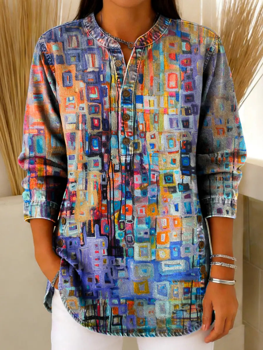 Women's Geometric Pattern Art Print Casual Cotton Denim Shirt