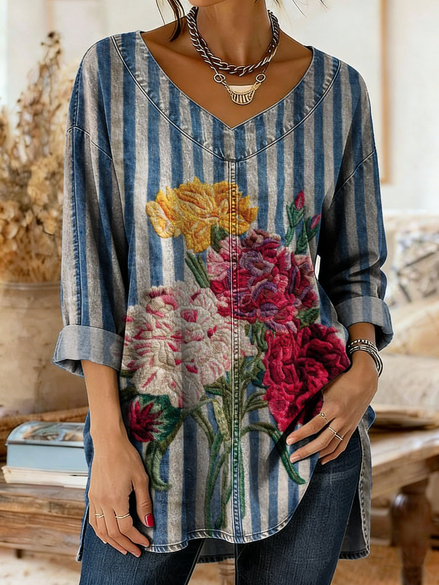 Women's Retro Floral Striped Art Print Casual V-neck Washed Cotton Denim Top