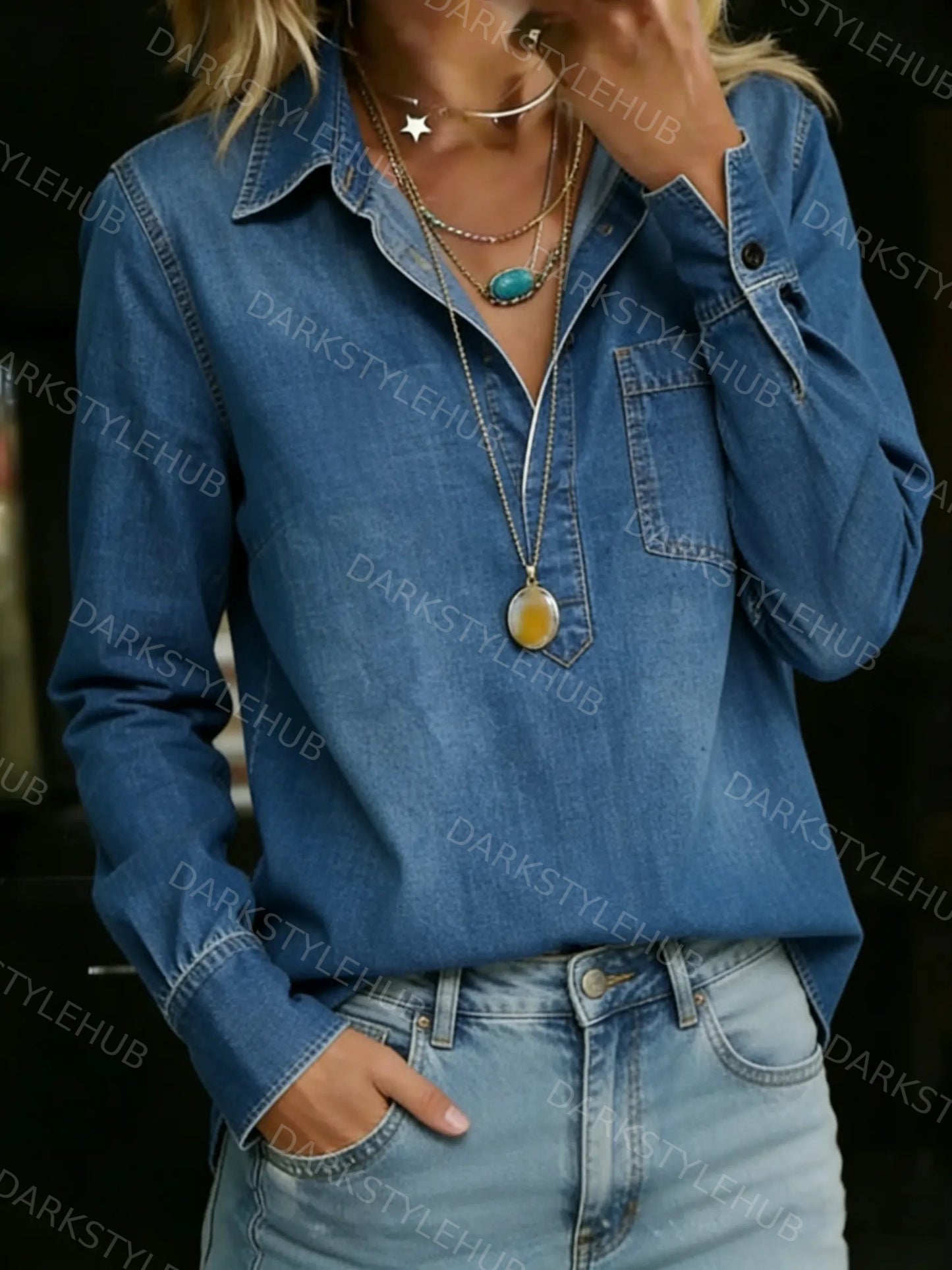 Women's Pocket Denim V-neck Henley Long-sleeved Shirt