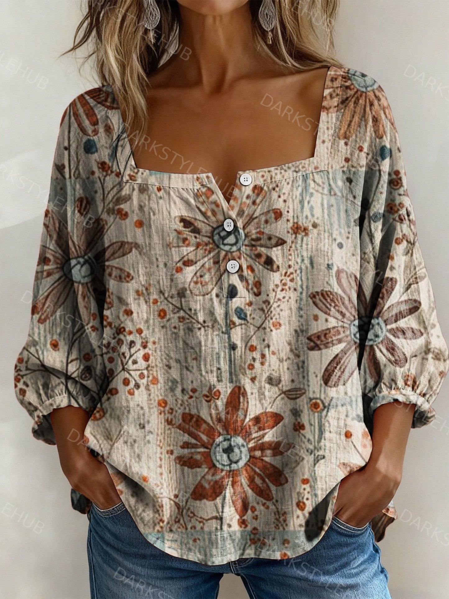 Women's Vintage Floral Print Casual Cotton Linen Shirt