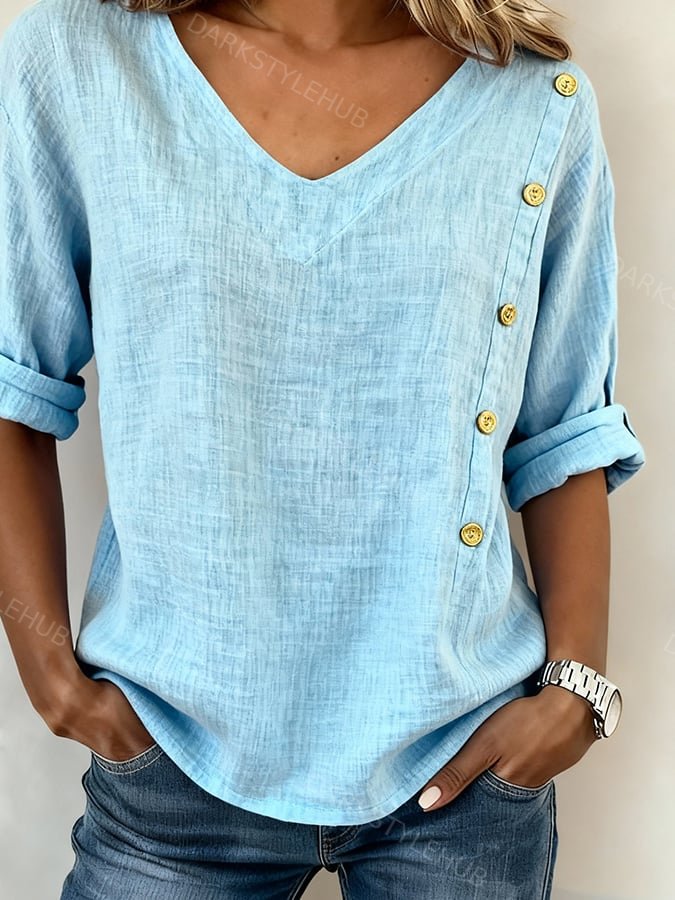 Women'S Casual Solid Color Cotton And Linen Button-Up Top
