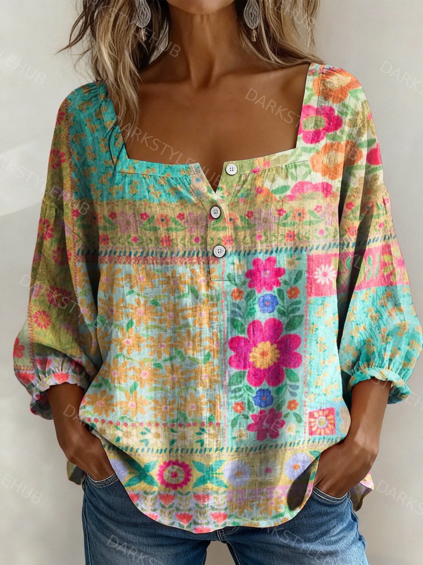 Women's Vintage Floral Print Casual Cotton Linen Shirt