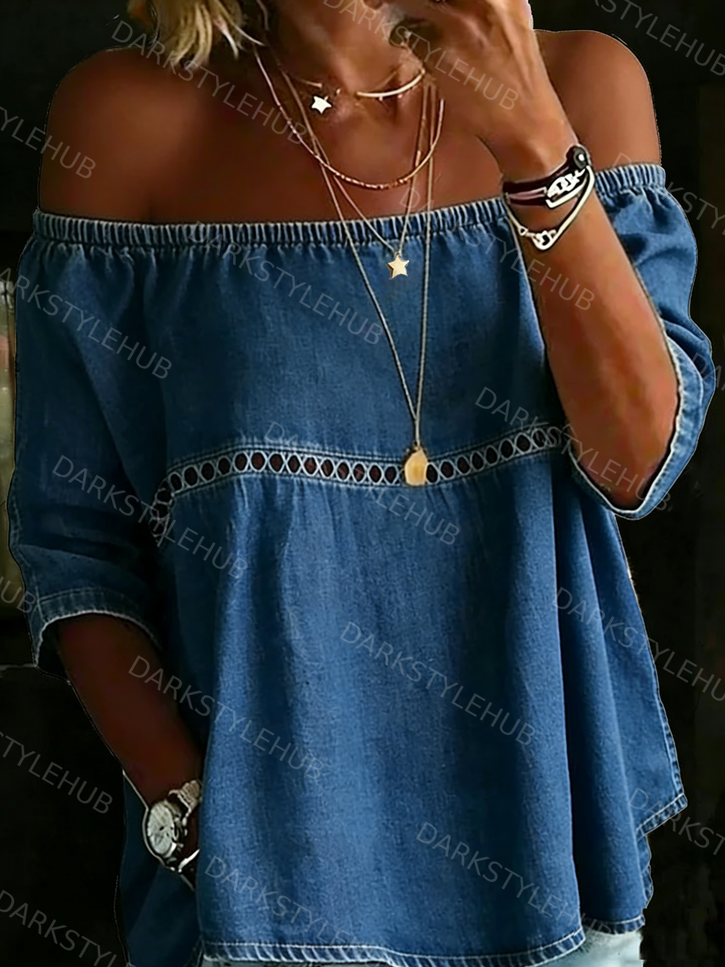 Women's Solid Color Casual Off-Shoulder Loose Denim Blouse Shirt