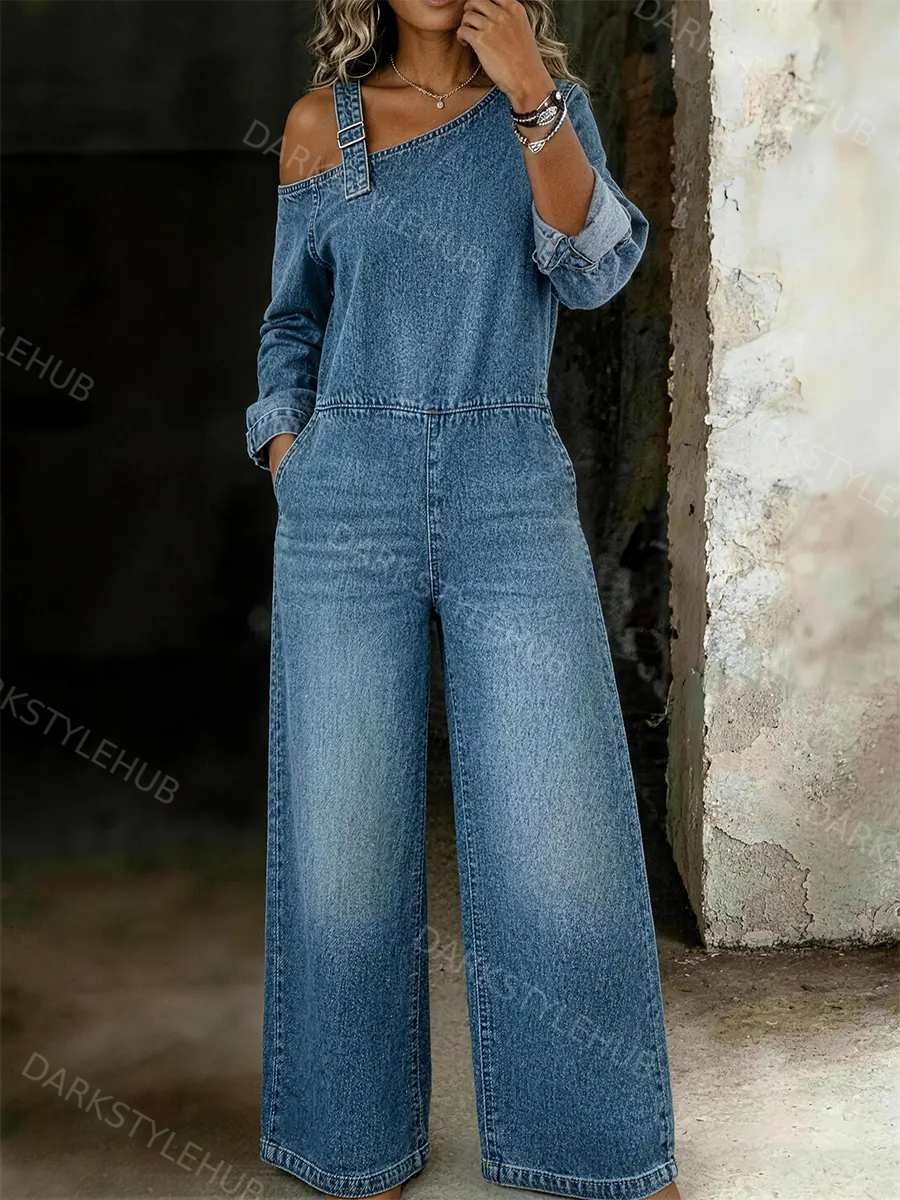 Women's Casual Off-shoulder Denim Jumpsuit
