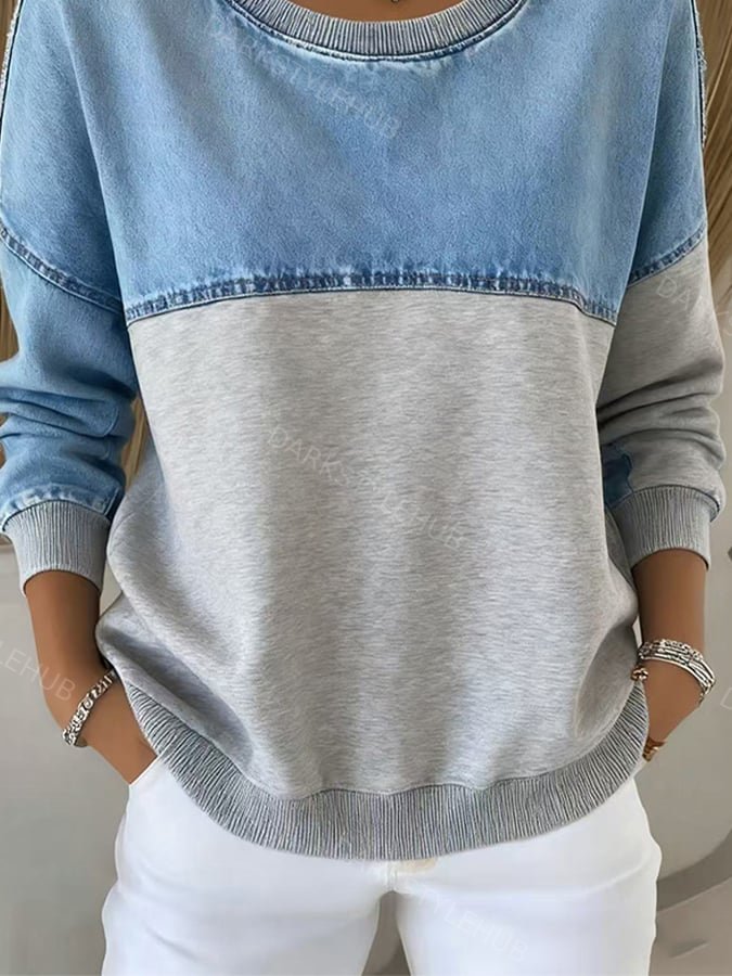 Women'S Casual Round Neck Denim Patchwork Sweatshirt