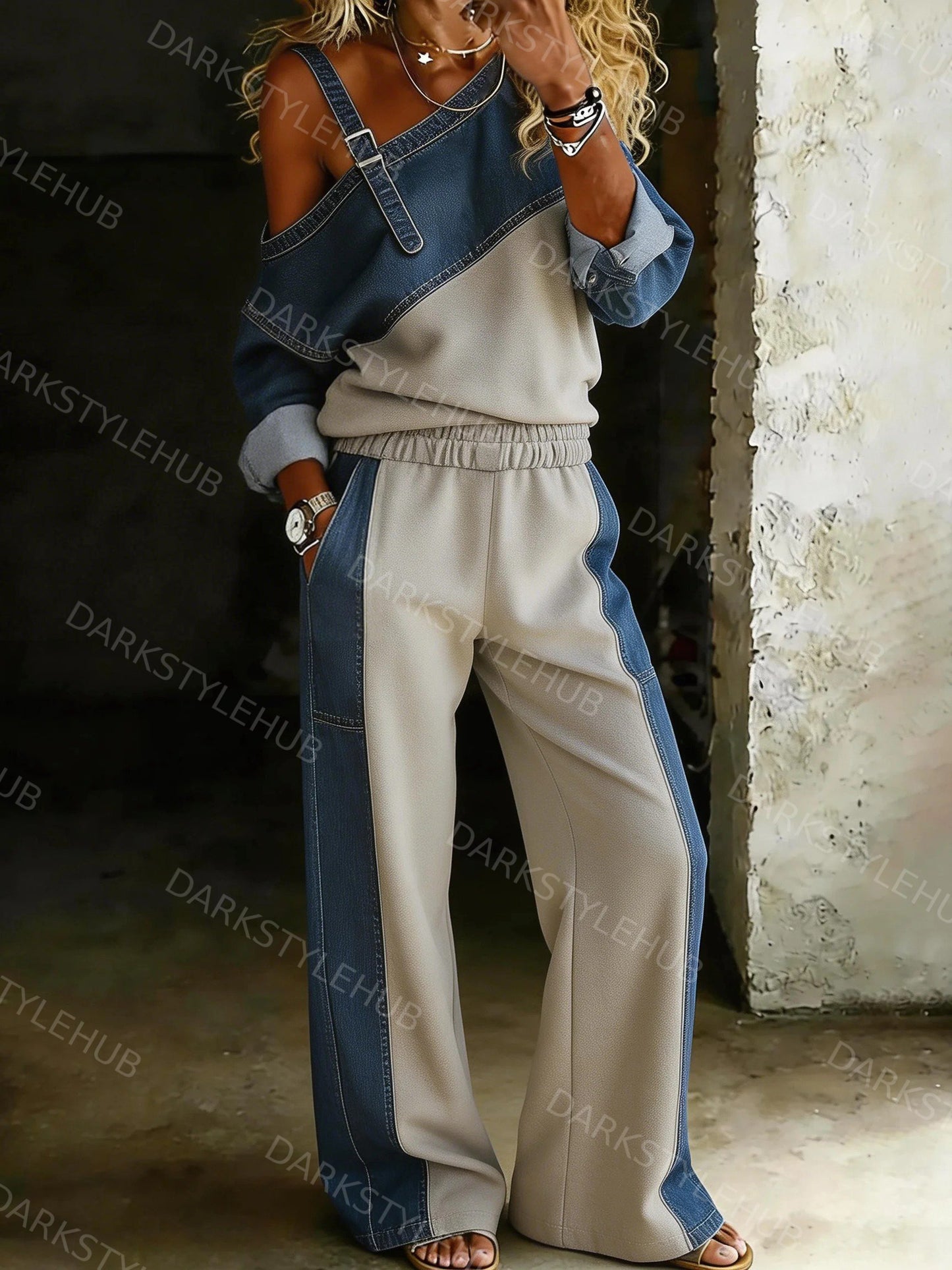 Women's Casual Off-shoulder Denim Patchwork Shirt and Pants 2 Piece Set