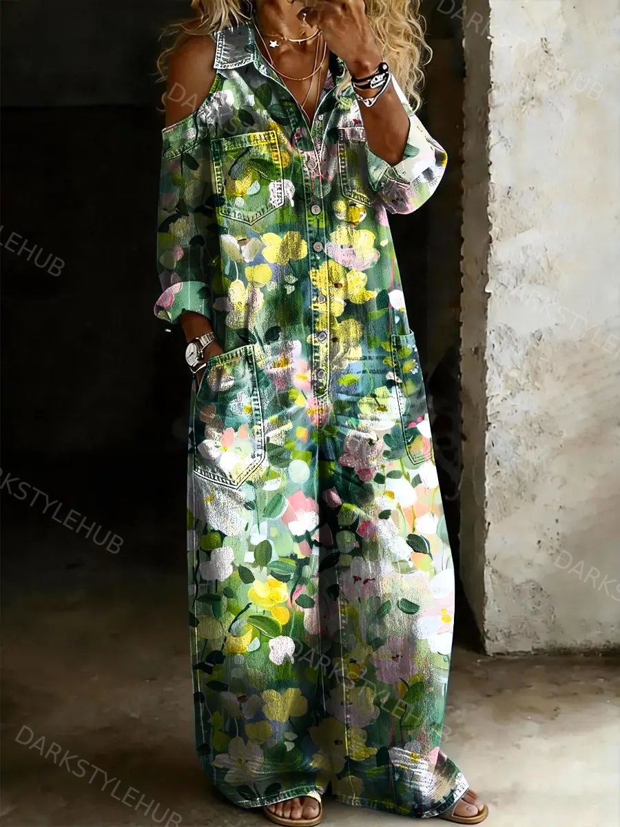 Women's Casual Multicolor Floral Art Prints Off-shoulder Denim Jumpsuit