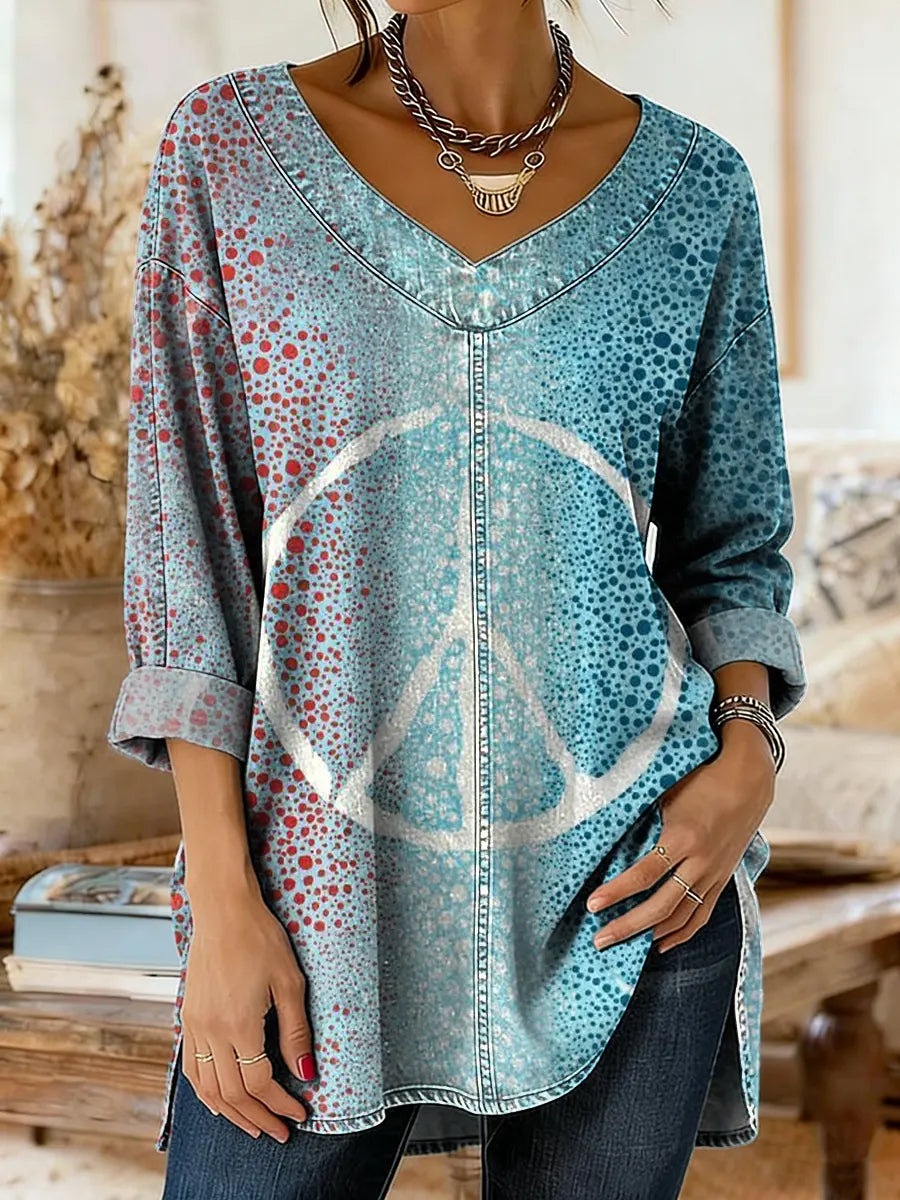 Women's Vintage Hippie Peace Sign Art Print Casual Washed Denim Cotton Top