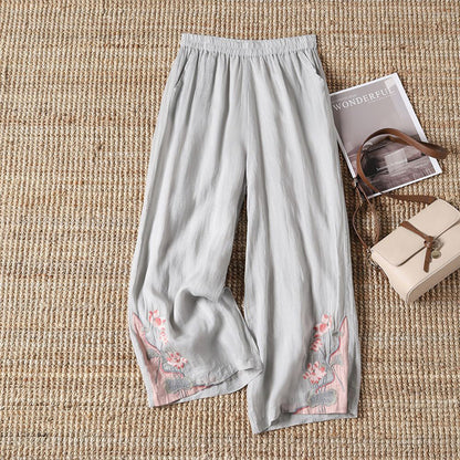 【100% Cotton】Floral Embroidered Casual Trousers
