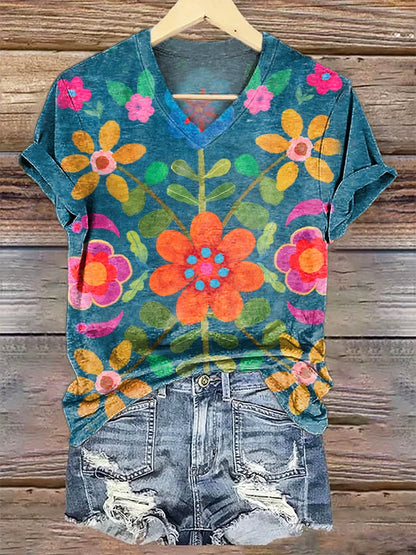 Women's Bohemian Floral Art Print Casual Cotton Linen Shirt